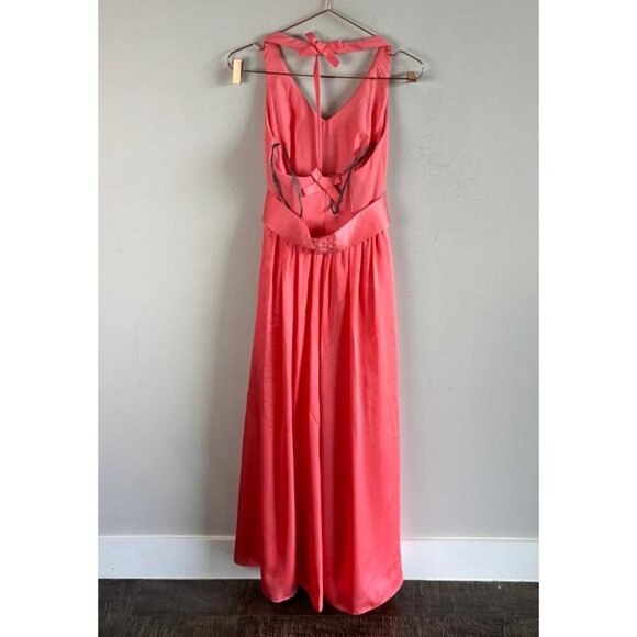 Vera Wang Coral Halter Gown V-Neck Bow Back Slit Skirt Satin Formal Dress Size 2 - Picture 8 of 12